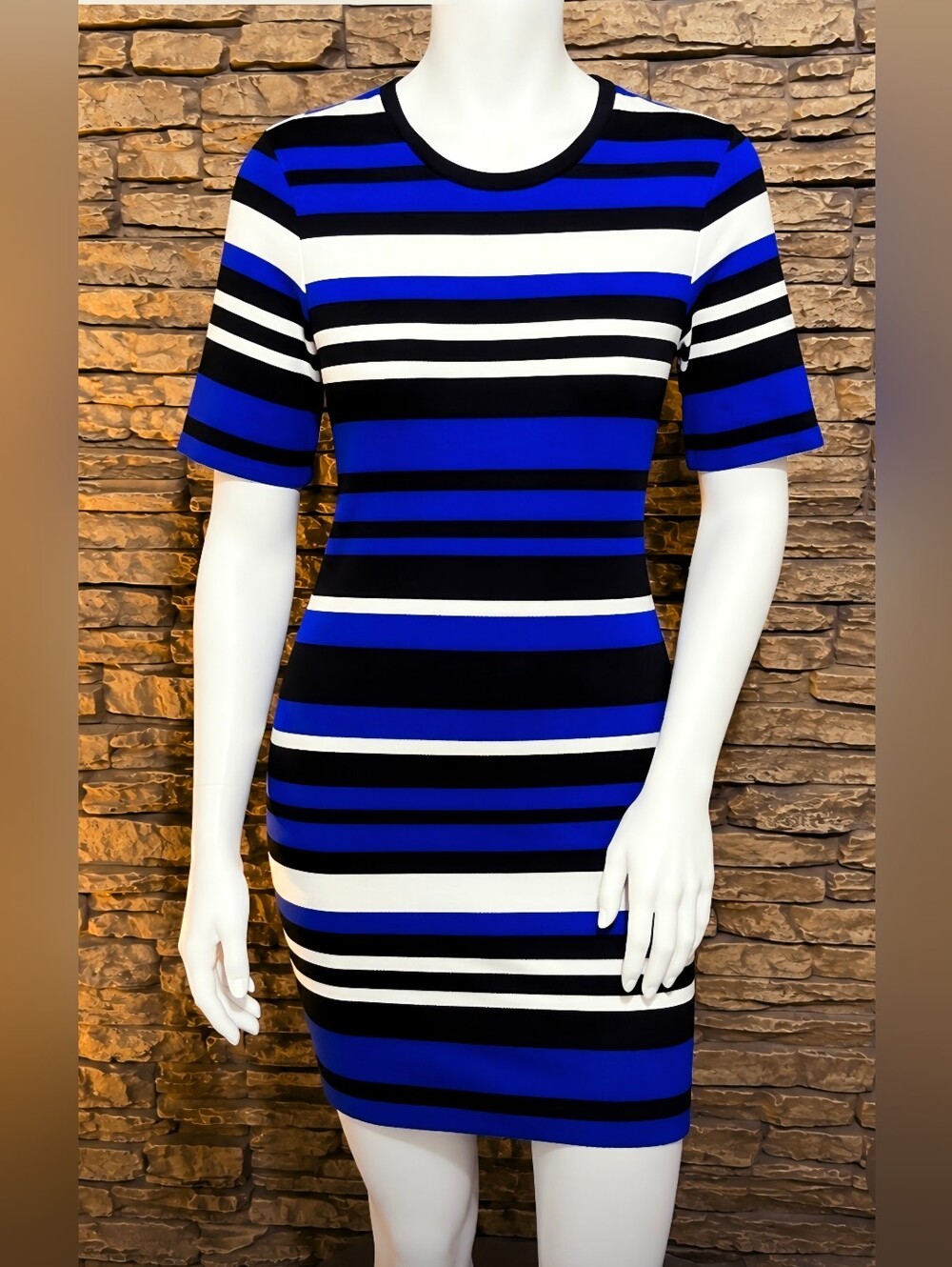 LAUREN RALPH LAUREN Black/White/Blue Short Sleeve Striped Dress